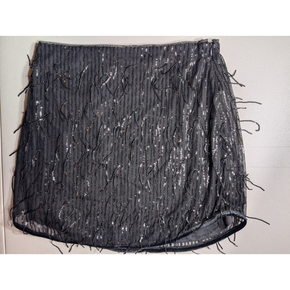 Avec Les Filles Womens Black Sequin Fringe Side Zip Party Mini Skirt Size Medium
